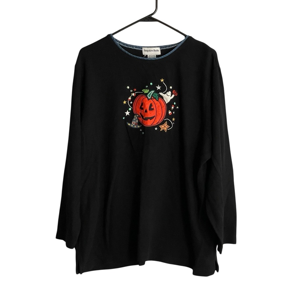 VTG Hampshire Studio Black Halloween Shirt Ribbed Pumpkin Embroidered 1X